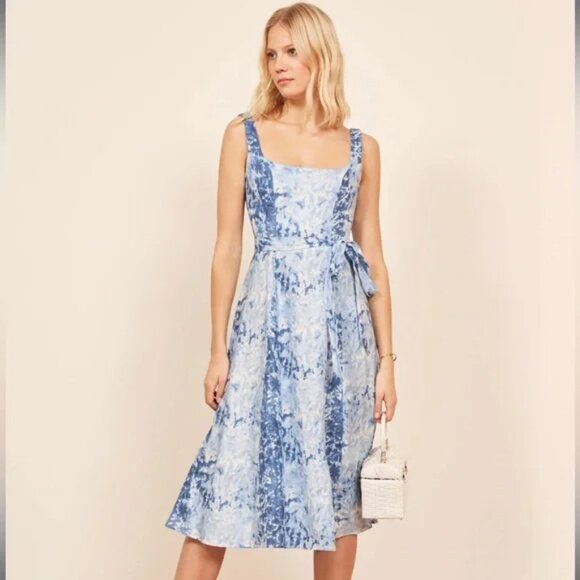 Reformation Blue Floral Midi Dress Linen Square Neck Tie Waist - Picture 1 of 4